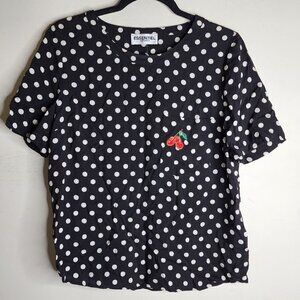 Essential Antwerp Black White Polka Dot Cherry Patch Short Sleeve Blouse, sz 36